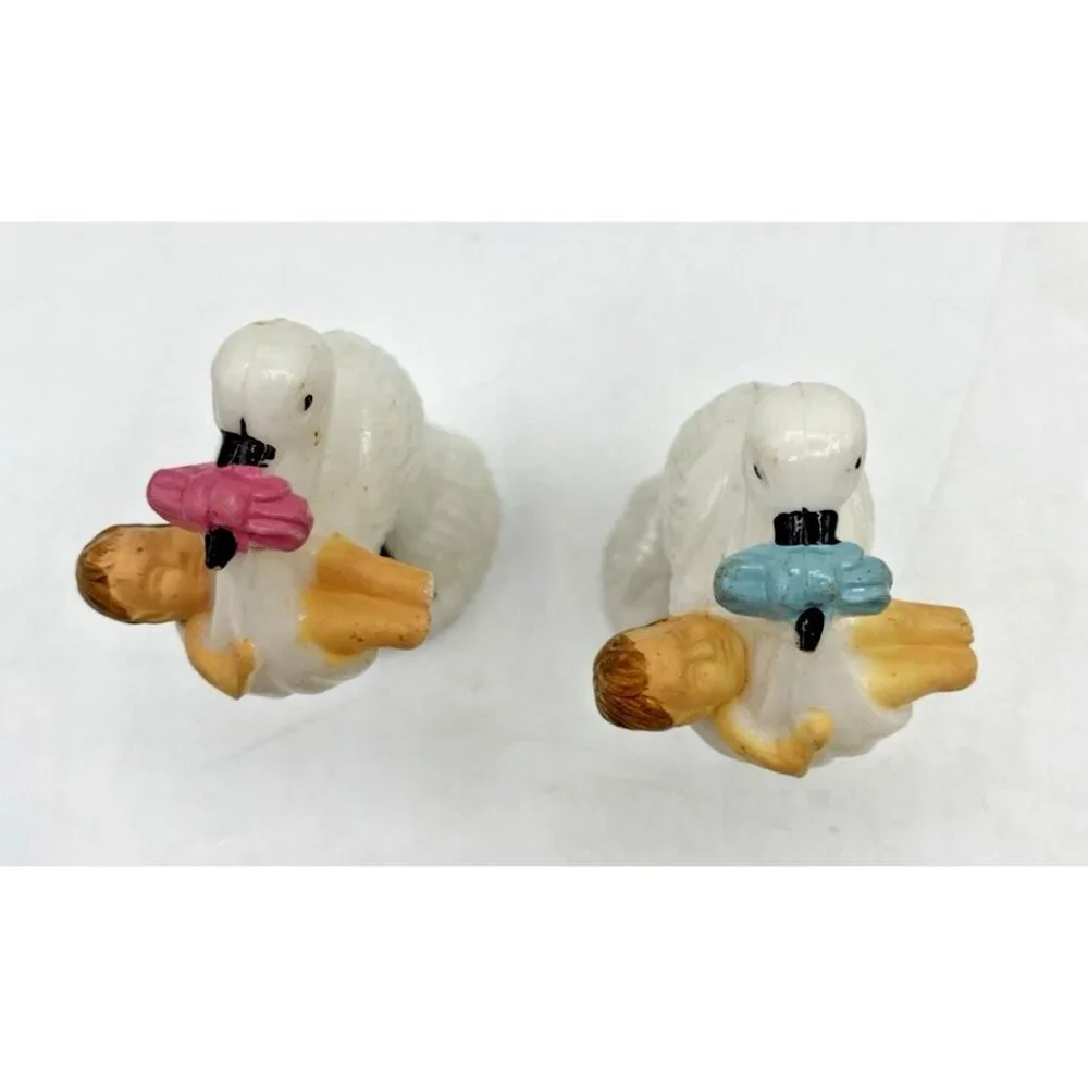 Pair of Vintage 1950s Stork Cake Toppers Pink Blue Celluloid Baby Shower